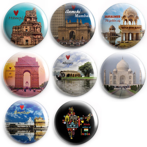 AVI 58mm Regular Size Fridge Magnet Multicolor India Travel souvenirs Indian cities Delhi, Mumbai, Amritsar, Jaisalmer Pack of 8 C8MR8002167