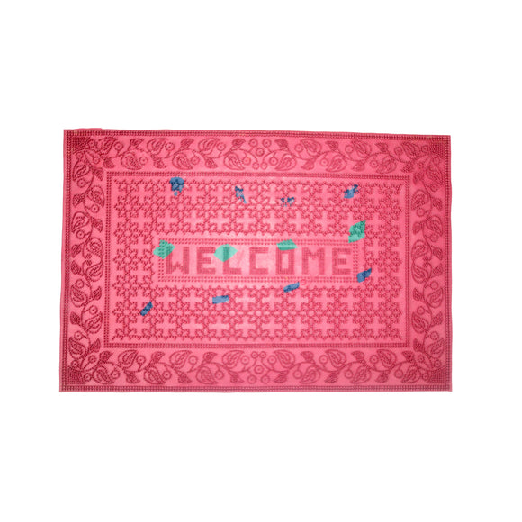 AVI Pink Color Door Mat With Welcome Design And Green Blue Dot With Flower Border