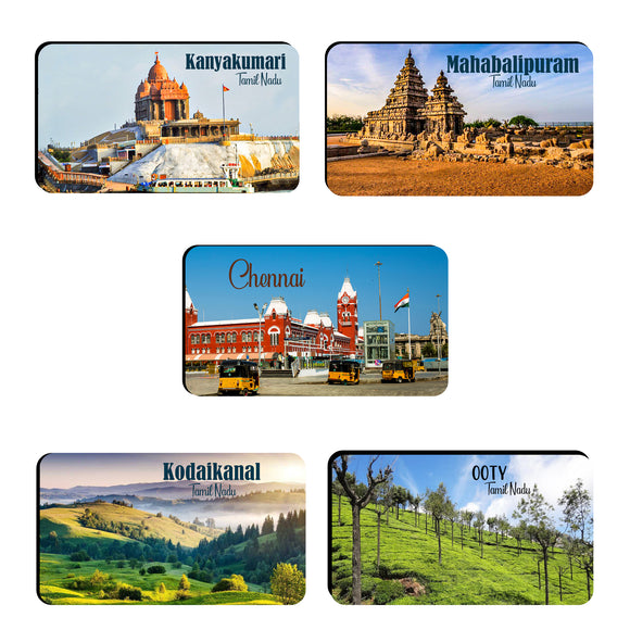 AVI Rectangular Pack of 5 Fridge Magnets Tamil Nadu Ooty Kodaikanal Chennai Mahabalipuram Kanyakumari souvenir C5RFM00154