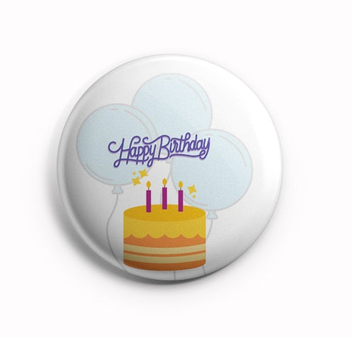 AVI Badge Happy Birthday with cake and Balloons design Regular Size 58mm R8002035