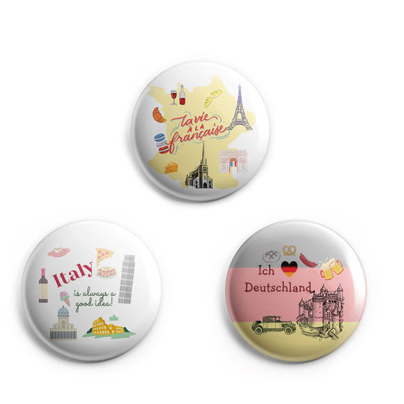 AVI Badges White Europe Travel souvenirs France, Italy and Germany Pack of 3 Regular Size 58mm C3R8002158