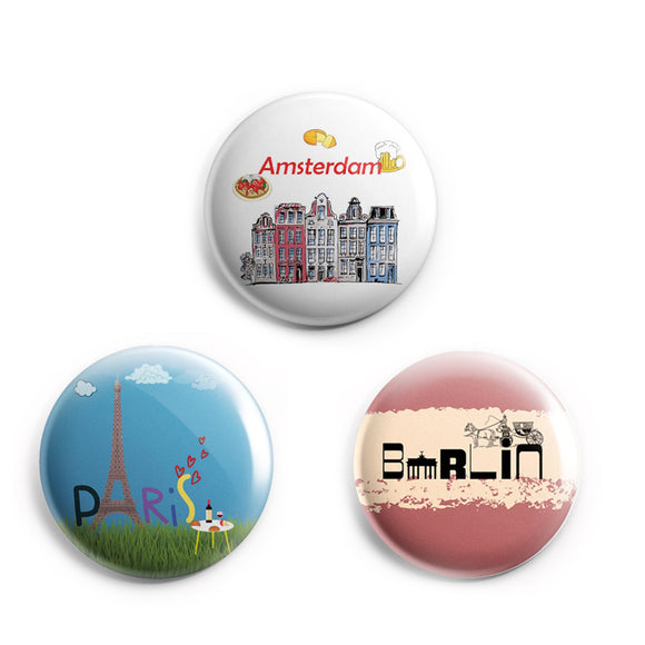 AVI Badges Multicolor Europe Travel souvenirs Paris, Amsterdam and Berlin Pack of 3