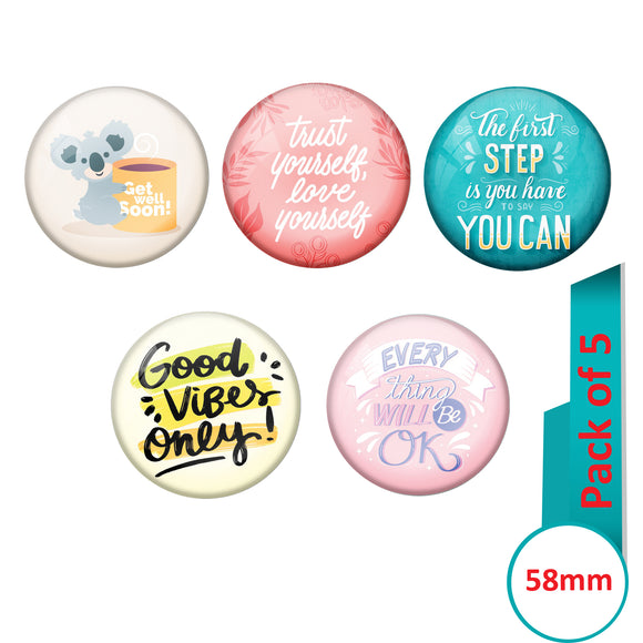 AVI Multi Colour Metal  Pin Badges  with Pack of 5 Happy Positive quotes PQ 3 Design