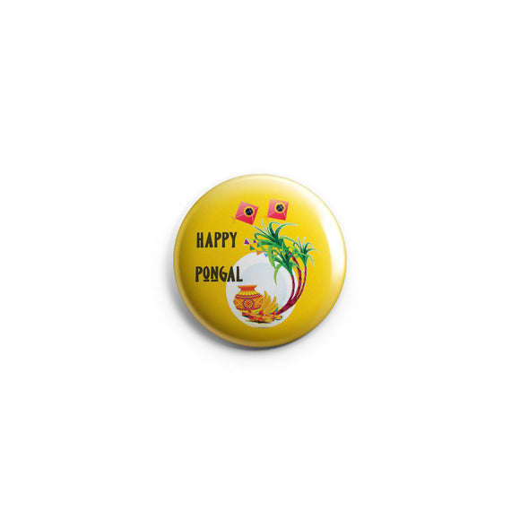 AVI Regular Size Pin- up Badge Yellow Happy Pongal Wishes 58mm R8002269