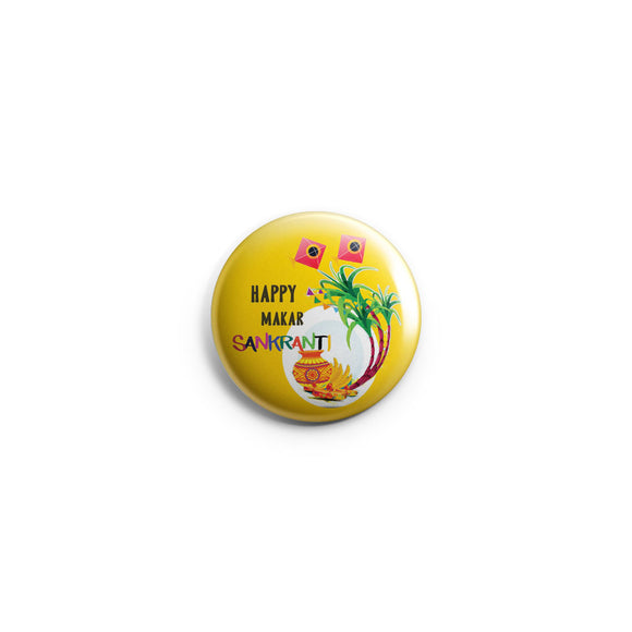 AVI Regular Size Pin- up Badge Yellow Happy Makar Sankranti Wishes 58mm R8002270