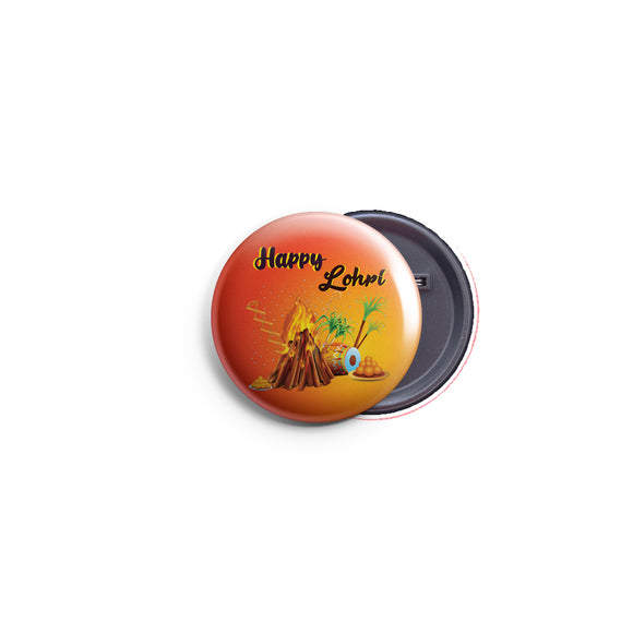 AVI Regular Size Pin Badge Orange Happy Lohri Wishes 58mm R8002281