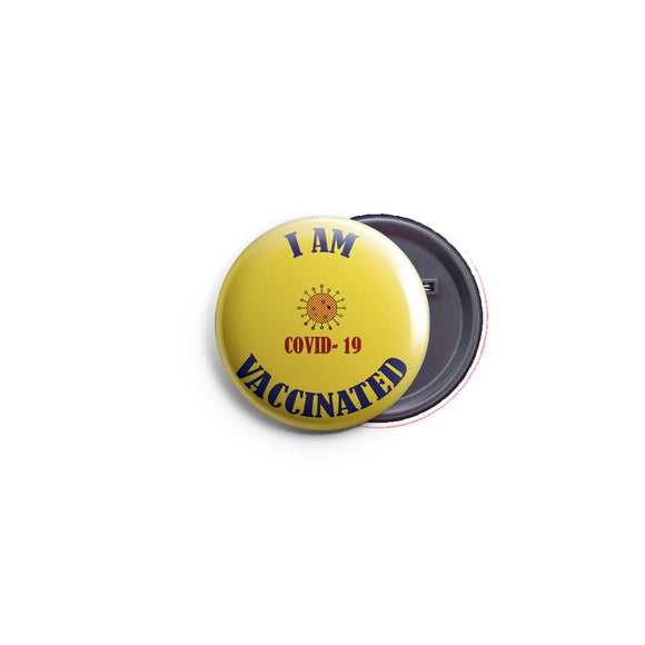 AVI 58mm Regular Size Pin Badge Yellow I am vaccinated Round design R8002424
