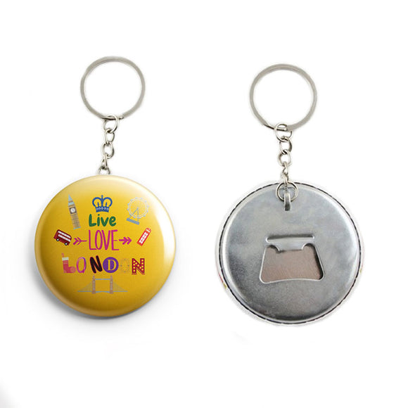 AVI Yellow LIVE LOVE LONDON with British flag background Keychain Regular Size Metal 58mm R7002051