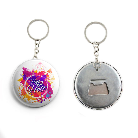 AVI White Happy Holi Keychain with bottle opener back Regular Size Metal 58mm R7002347