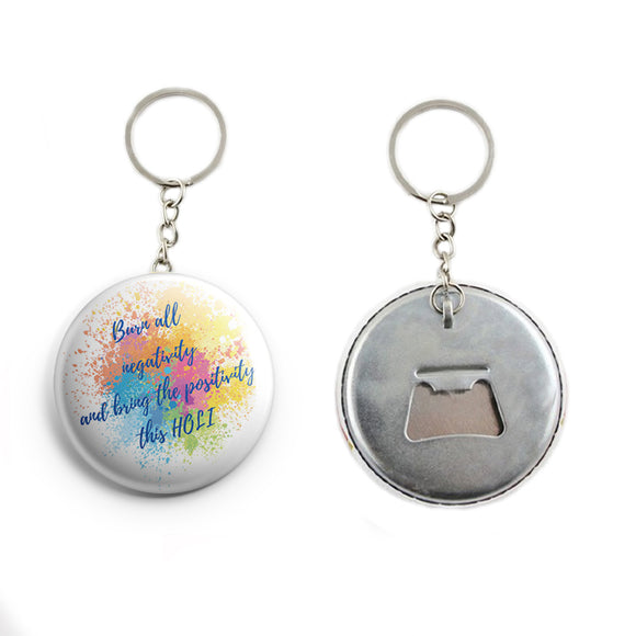 AVI White Happy Holi Quote Keychain with bottle opener back Regular Size Metal 58mm R7002348