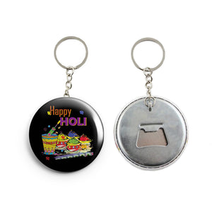 AVI Black Happy Holi Keychain with bottle opener back Regular Size Metal 58mm R7002349
