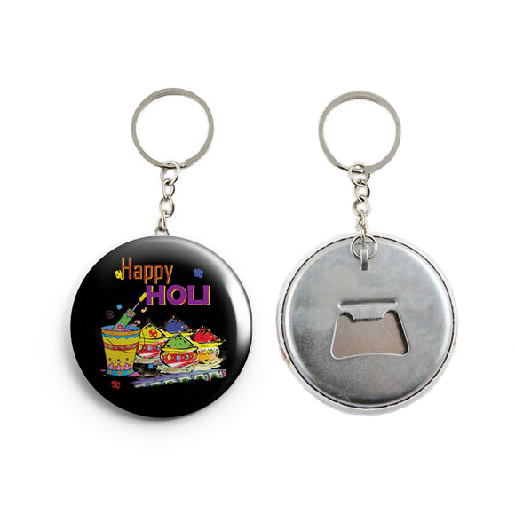 AVI Black Happy Holi Keychain with bottle opener back Regular Size Metal 58mm R7002349